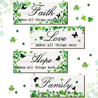 Imagem de 4 peças decoração de madeira do dia de São Patrício Faith Love Hope placa de sinalização de família trevo pendurado arte de fazenda rústica irlandesa para decoração de sala de estar, 25 x 10 cm (branca)