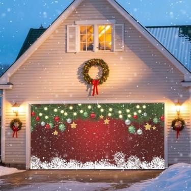 Imagem de Banner de porta de garagem de Natal bolas de Natal capa de porta de garagem floco de neve agulha de pinheiro decoração de férias para porta de garagem banner grande para festa de inverno decoração de