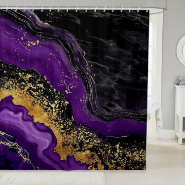 Imagem de Feelyou Cortina de chuveiro de mármore dourado preto para decoração de banheiro moderna cortina de banheiro estética mármore retrô aquarela design acessórios de banheiro roxo tecido de poliéster