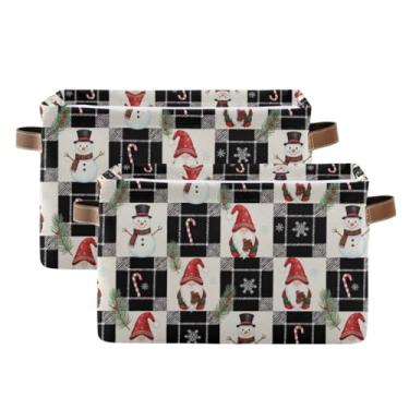 Imagem de Cesta de armazenamento de tecido com alças – caixas de armazenamento retangulares dobráveis de lona de 36 cm x 26 cm para prateleiras, escritório em casa, gnomo, boneco de neve, xadrez, 2 unidades