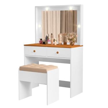 Imagem de Penteadeira Livia Com 2 Gavetas Luz de Led e Banqueta Branco/nature