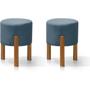 Imagem de Kit Puff Charme Thor Redondo em Linho Sala Quarto Escritório Luxo Pés Madeira (Azul Linho)