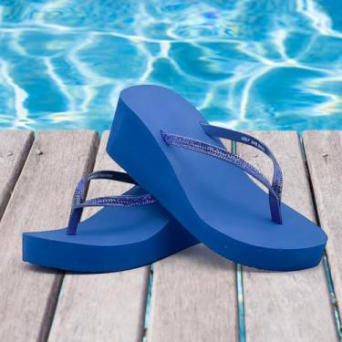 Imagem de Sandálias femininas com strass, chinelos, plataforma, chinelos de cunha, sapatos de casamento, caminhada na praia, Azul, 37