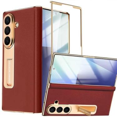 Imagem de YQODSZ Capa para Samsung Galaxy Z Fold 7 com suporte, capa de couro genuíno para celular com dobradiça magnética de vidro protetor de tela frontal cobertura total à prova de choque slim fit capa de