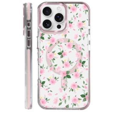 Imagem de casesok Capa para iPhone 16 Pro Max compatível com Magsafe, design estético claro bonito para meninas e mulheres, capa rígida protetora antiqueda para iPhone 16 Pro Max - rosa floral aquarela