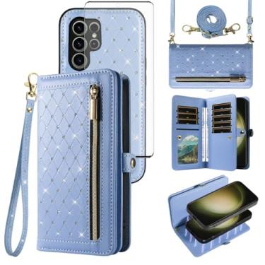 Imagem de Capa de celular para Samsung Galaxy S23 Ultra 5G Carteira com zíper destacável protetor de tela alça transversal Bling Flip suporte para cartão de crédito S23Ultra 23S S 23 23Ultra 17.3 cm mulheres