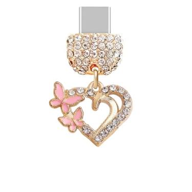 Imagem de ELISE & FONDA TP1005 Tipo-C Porta de Carregamento Cristal Antipoeira Plugue Pequeno Coração de Amor com Borboletas Pingente de Celular para iPhone 15/16/Samsung/OnePlus/Xiaomi/Oppo telefones Android