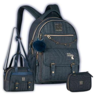 Imagem de Kit Mochila Costas Jeans Rebecca Bonbon Lancheira e Estojo Cor:Azul, A