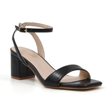 Imagem de GENSHUO Sandália feminina de salto baixo com tira no tornozelo, 5 cm, bico aberto, grosso, verão, elegante, festa, casamento, caminhada, trabalho, igreja, Preto fosco, 35