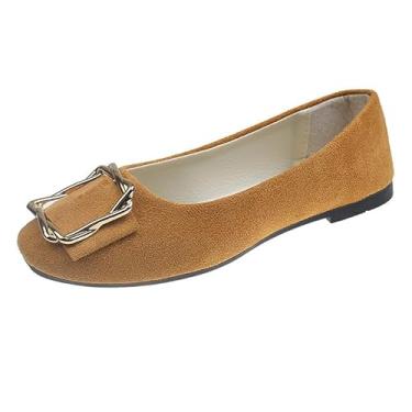 Imagem de Sapatilha feminina com fivela quadrada para mulheres plus size, casual e trabalho, Marrom, 35