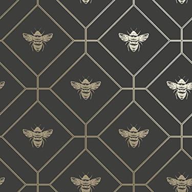 Imagem de Papel de parede Honeycomb Bee Charcoal & Gold da Holden Decor – Padrão geométrico metálico de abelha, rolo de papel de parede premium, 53 cm x 10 m - Perfeito para salas de estar, quartos, corredores