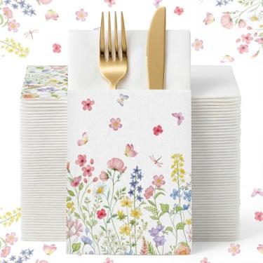Imagem de Potchen Guardanapos descartáveis de flores com 100 unidades de talheres embutidos estilo linho guardanapos florais descartáveis para casamento pré-dobrados para talheres chá de bebê aniversário