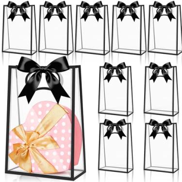 Imagem de Tivcck Pacote com 12 sacos de presente de plástico transparente com alças, sacolas reutilizáveis para lembrancinhas de festa com fita, bolsa transparente com acabamento preto para casamento