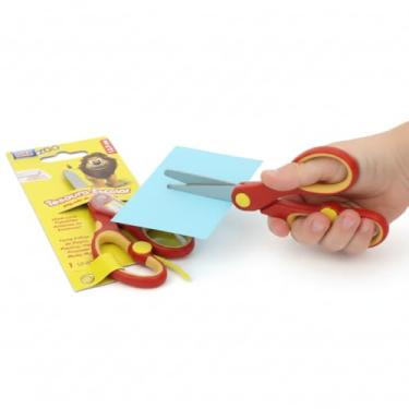Imagem de Tesoura Escolar 13,5 cm Com Etiqueta Identificação Zoo Vermelho e Amarelo Atóxico 1 Unidade Ideal para cortar folhas de papel Plásticos Papel de Presente Ideial para Trabalhos Escolares e Artísticos