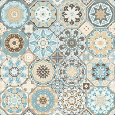 Imagem de Skyblur Papel de parede Boho mosaico azul geométrico papel de parede adesivo vintage backsplash para cozinha banheiro azulejo papel de contato removível rolos de vinil à prova d'água arte de parede