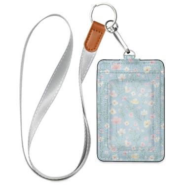 Imagem de Burbuja Porta-crachá de couro com cordão, etiqueta de identificação de flores com 1 janela transparente para identidade e 2 compartimentos para cartão para escritório, enfermeira, professor, médico