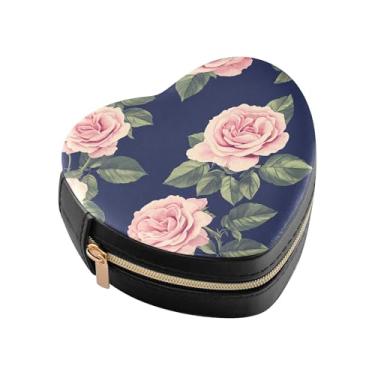 Imagem de Burbuja Caixa de joias rosa em azul marinho em forma de coração, mini estojo de joias de viagem para mulheres e meninas, organizador portátil de armazenamento para brincos, anéis, colares e pulseiras