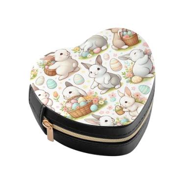 Imagem de Burbuja Caixa de joias em forma de coração de coelhinho da Páscoa, mini estojo de viagem para mulheres e meninas, estojo portátil organizador de armazenamento para brincos, anéis, colares e pulseiras