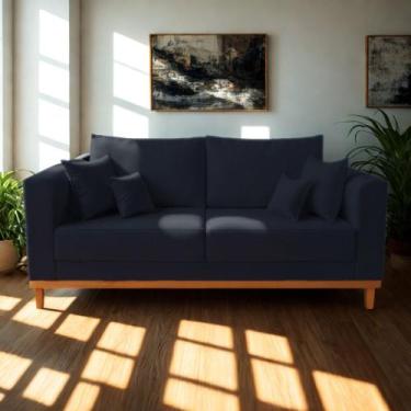 Imagem de Sofá Viena Beny 3 Lugares Com Base de Madeira Linho Azul - Madeira Dec
