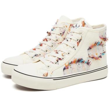 Imagem de yageyan Tênis feminino de lona de cano alto com cadarço para mulheres, casual, clássico, Damasco bordado, 35