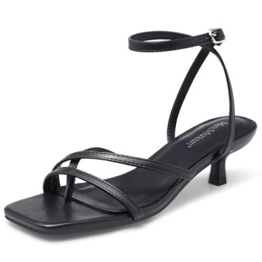 Imagem de MaxMuxun Sandálias femininas 2026 com tiras de salto baixo gatinho bico quadrado aberto chinelos de verão sapatos de festa, Preto, 35