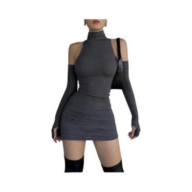 Imagem de Vestido Mini Preto Feminino Com Gola Alta, Mangas Compridas, Plissado,