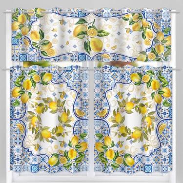 Imagem de Cortinas de cozinha limão, cortinas mediterrâneas amarelas e azuis conjunto de 3, cortinas de janela de verão Hello Sunshine sobre a pia 91,4 cm de comprimento, presentes sazonais de fazenda para