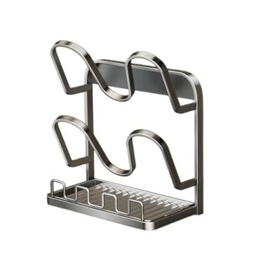 Imagem de Organizador de tampa de panela, com bandeja coletora que economiza espaço, antiderrapante, organizador de tampa de cozinha, panelas e frigideiras | para colher, garfo, espátula, sopa, concha, toalha