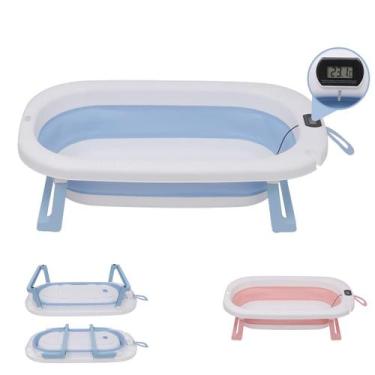 Imagem de Banheira Bebê Dobrável Retrátil Termômetro Digital Portátil Cor:Azul -
