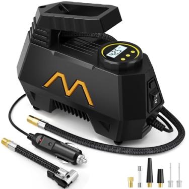Imagem de Compressor de ar portátil para insuflador de pneu, bomba de ar para pneus de carro - cabo de 2 m, bomba automática alimentada por CC de 12 V com medidor de pressão digital, luz LED de emergência