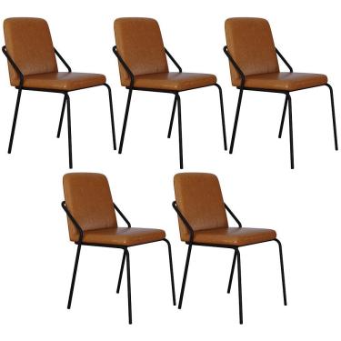 Imagem de Kit 05 Cadeiras Estofada Para Sala De Jantar Loft Preto C01 Courino Caramelo - Lyam Decor