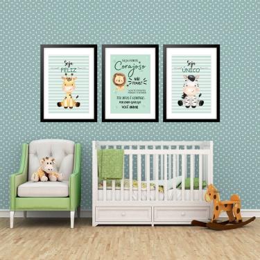 Imagem de Kit 3 Quadros Grandes Infantil Filhotes Seja Forte e Corajoso 60x48cm