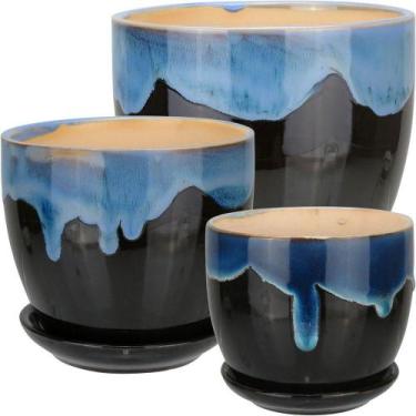 Imagem de Jogo 3 Cachepô Vaso Planta Decorativo Cerâmica Azul - HOME & CO