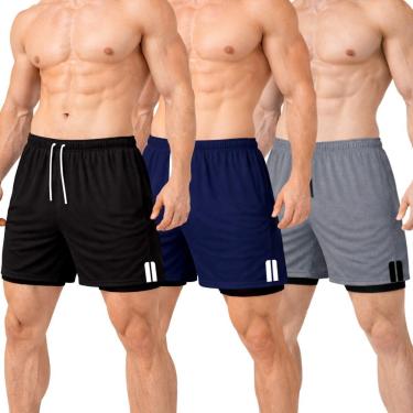 Imagem de Kit 3 Short Treino Térmico 2 em 1 com Bolso Porta-Toalha Calção Fitness Academia-Masculino