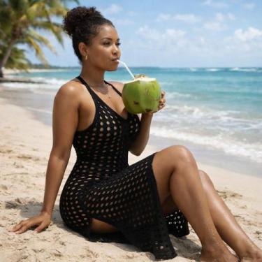 Imagem de Vestido Saída de Praia Crochê Vazado Feminino Moda Praia Verão - Kaiov