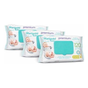 Imagem de Kit 3 Lenços Umedecido Bebe Marigold Camomila 120und Atacado