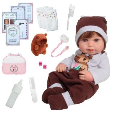 Imagem de Bebê Reborn De Silicone Cabelo Fio a Fio Capivara Pelúcia - Cegonha Re