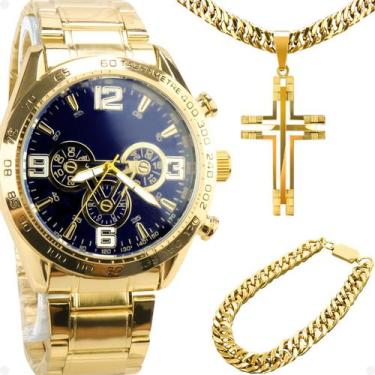 Imagem de relogio masculino aço banhado ouro + pingente cruz + pulseira qualidad