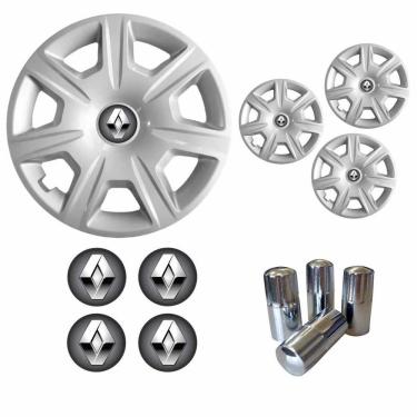 Imagem de Jogo Calota Aro 15 Logan Sandero 2015 à 2018 Renault + Emblema Resinado + Tampa Ventil Cromada