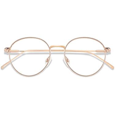 Imagem de ANDWOOD Óculos com bloqueio de luz azul, feminino, masculino, rosto pequeno, bloqueador de luz azul, superleve, armação de metal redonda, Ouro rosa | Lente anti-luz azul, P