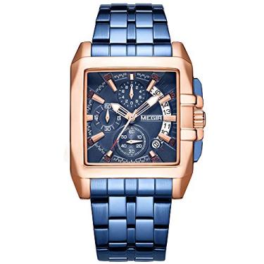 Imagem de Relógios masculinos com mostrador quadrado de luxo da MEGIR, relógio masculino de aço inoxidável, relógio de pulso esportivo militar, à prova d'água, ponteiros luminosos, Azul