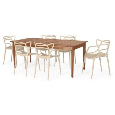 Imagem de Conjunto Mesa de Jantar Retangular em Madeira Maciça 186cm com 6 Cadeiras Allegra - Nude