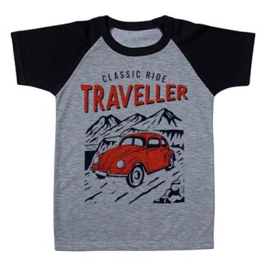 Imagem de Camiseta Raglan Infantil Cinza Carro Fusca Vermelho Viagem Montanhas Traveller (BR, Numérico, 6, Regular, Polialgodão)