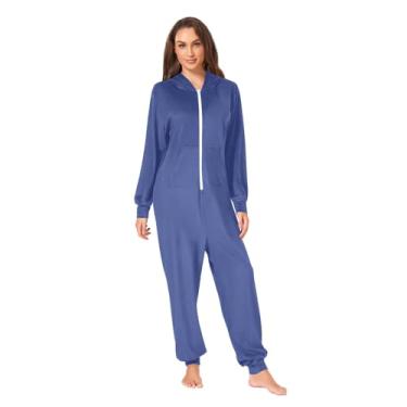 Imagem de CHIFIGNO Pijamas para adultos Pijamas Divertidos para Mulheres Homens Pijamas de Natal Onesie Roupa de Casa, Azul mineral escuro, P