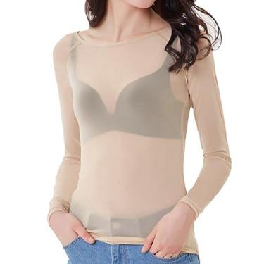 Imagem de Camisetas térmicas femininas sexy de malha transparente para mulheres manga longa gola tartaruga outono inverno camiseta 2024, T-755 Bege, 3G