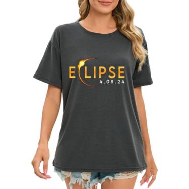 Imagem de Camiseta feminina PKDong Total Solar Eclipse 2024 com estampa gráfica divertida de eclipse de sol, camisetas femininas casuais soltas de verão, Cinza escuro, P