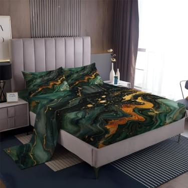 Imagem de Jogo de lençol de solteiro, abstrato, mármore, listrado, verde, 4 peças, microfibra macia e respirável, lençol com elástico alto, lençol de hotel e fronha