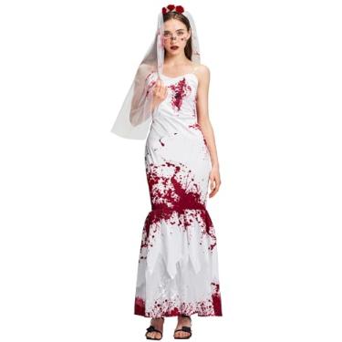 Imagem de Women Zombie Bride Costume, Vampire Fishtail Dress with Veil Headband Bloody Corpse Skirt for Halloween Party S