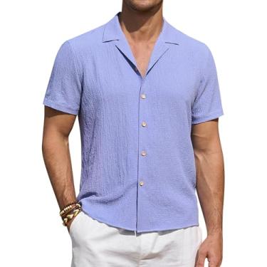 Imagem de DEMEANOR Camisa masculina de linho de manga curta para homens camisa casual de botão camisa de verão praia havaiana para homens, Azul bebê, 4G