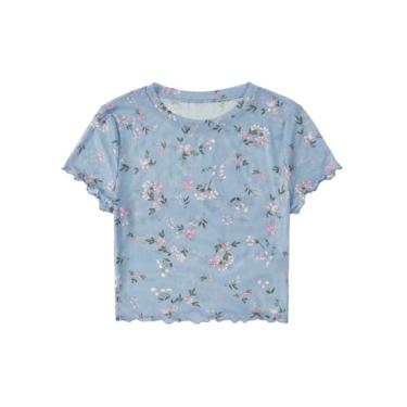 Imagem de SOLY HUX Camiseta feminina com estampa floral de malha transparente, manga curta, acabamento de alface, Floral azul-claro, P